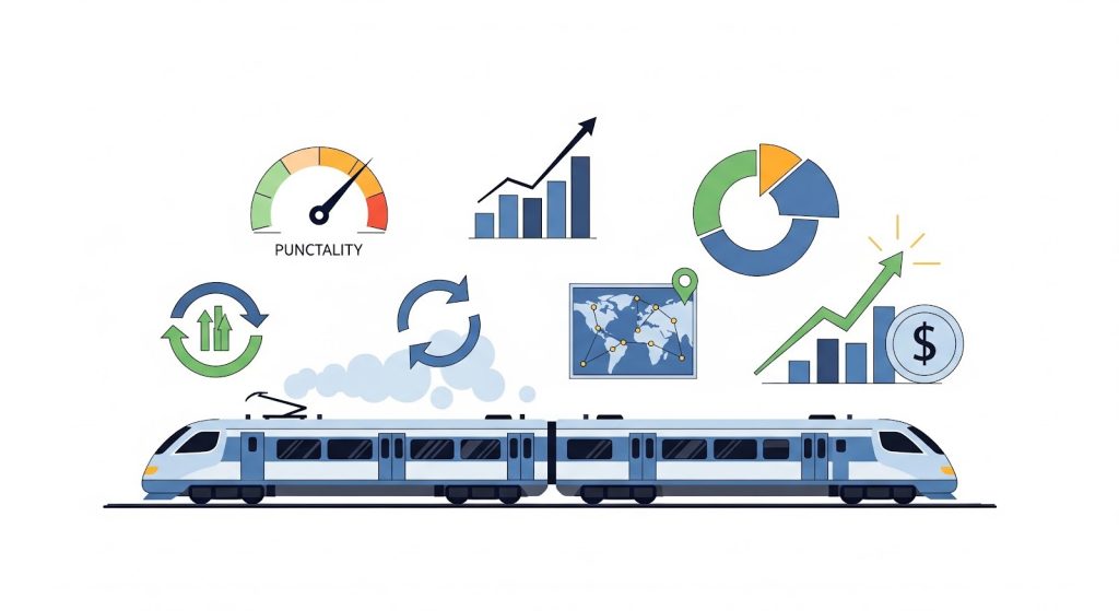 A imagem é uma ilustração gráfica e informativa que representa indicadores de desempenho e gestão no transporte ferroviário.