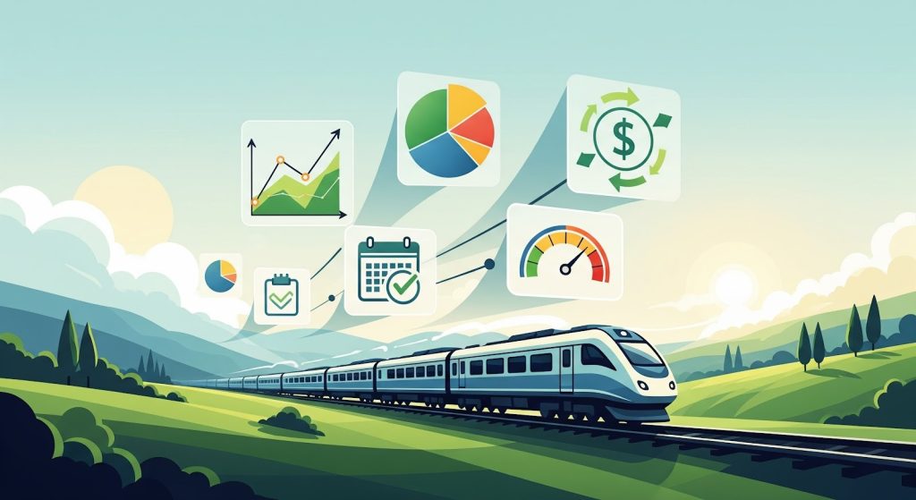 A imagem é uma ilustração conceitual que representa gestão, eficiência e análise de desempenho no transporte ferroviário.