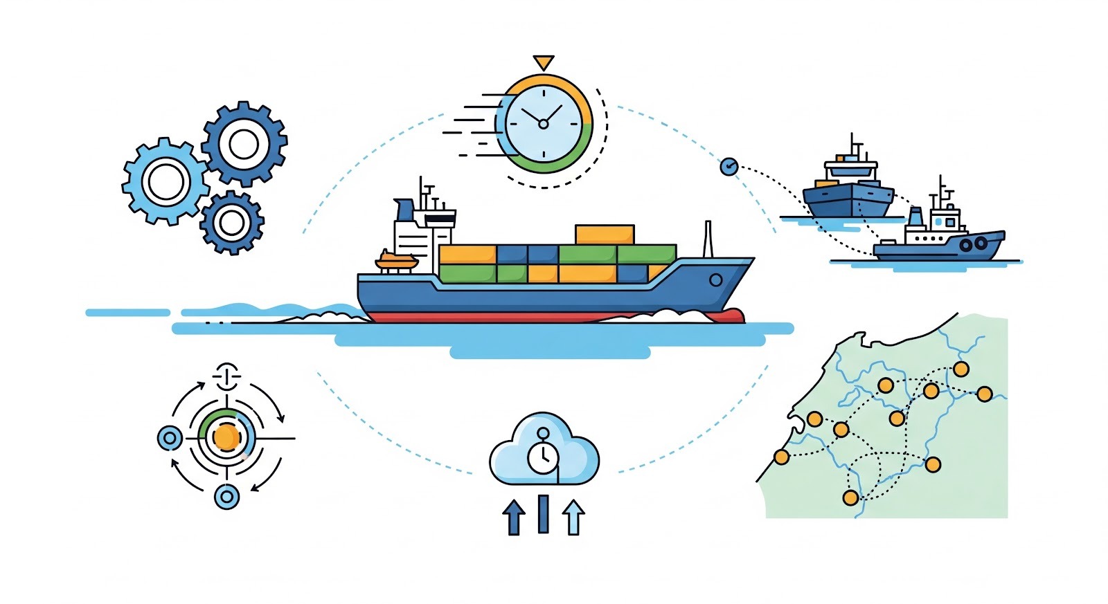 Esta última imagem é outra variação de uma ilustração em flat design sobre logística e transporte marítimo, focada na eficiência e na conectividade da cadeia de suprimentos.