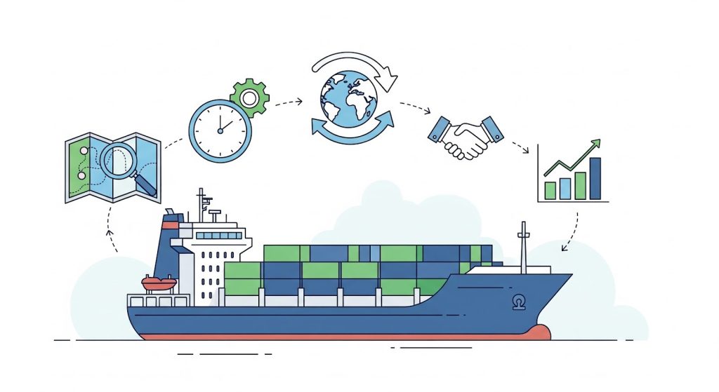 Esta ilustração em estilo flat design representa visualmente o ciclo da logística global e comércio internacional, utilizando um navio cargueiro como elemento central.