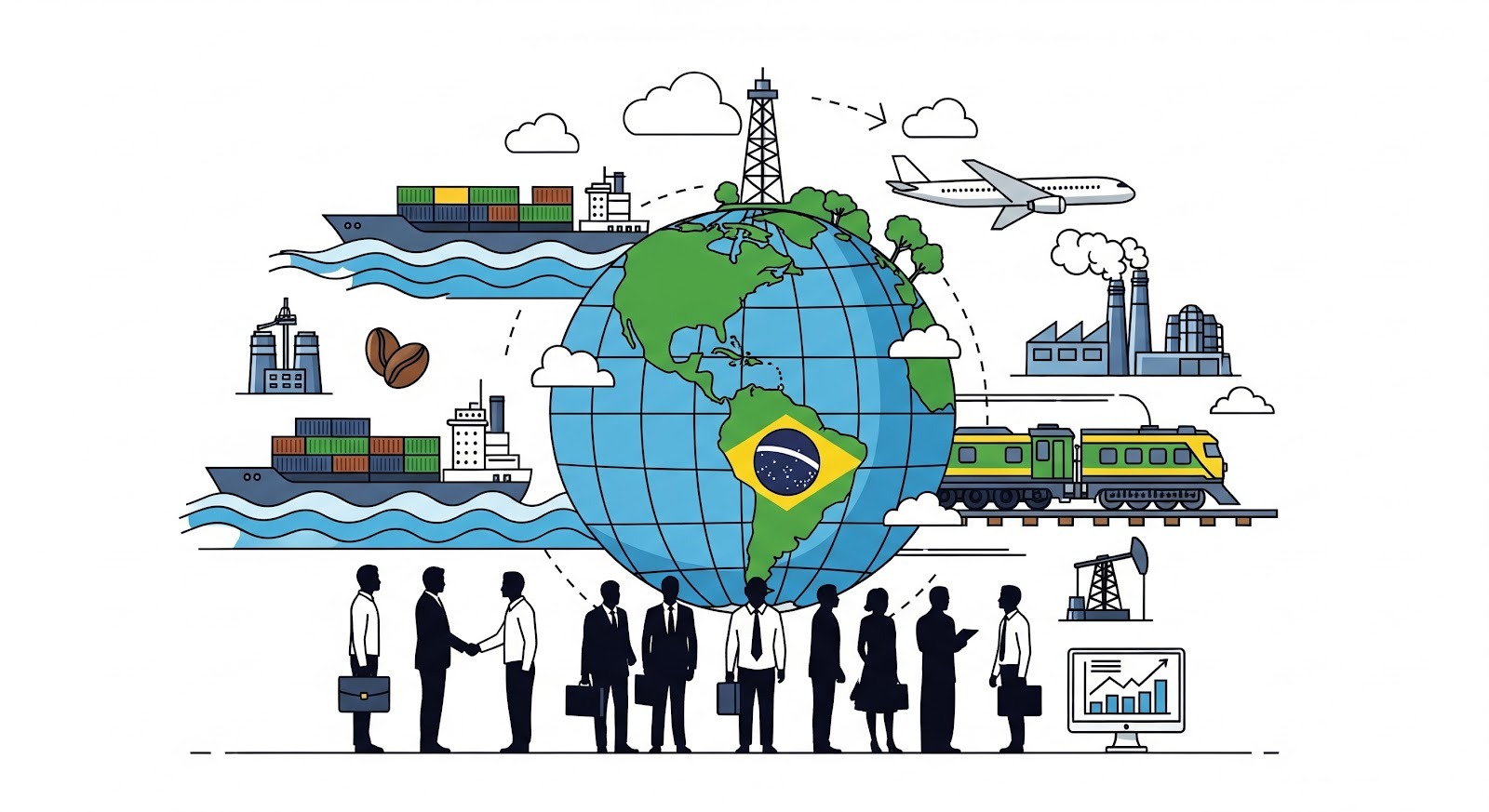A imagem é uma ilustração sobre globalização, comércio e logística internacional, com o Brasil em destaque.
