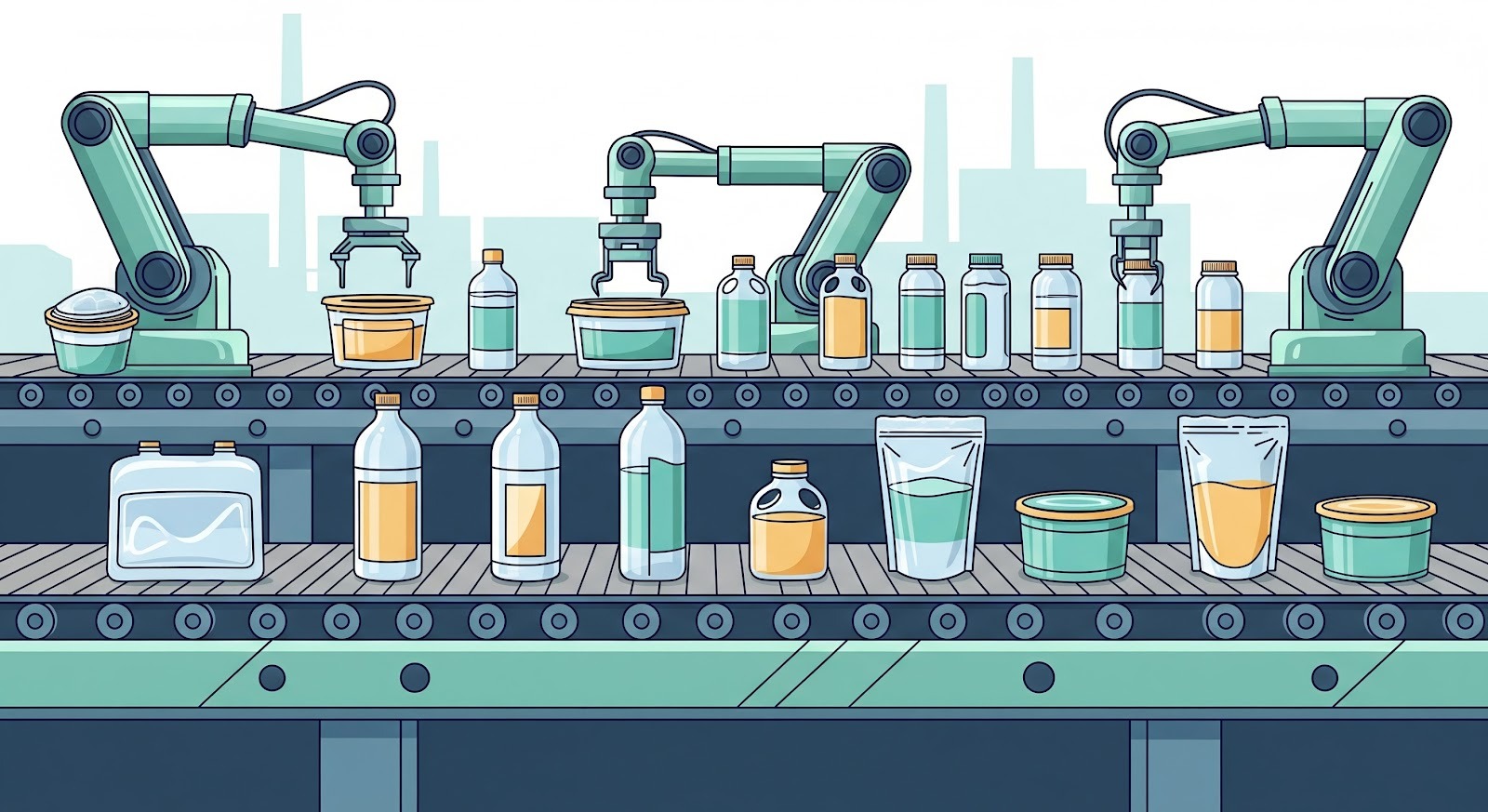 A imagem foca especificamente no processo de envase e logística de produtos líquidos e pastosos.