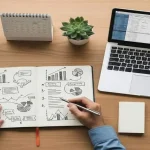 gestor da indústria do plástico monta um planejamento de negócio em um caderno com auxílio do notebook