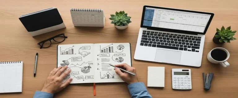 gestor da indústria do plástico monta um planejamento de negócio em um caderno com auxílio do notebook