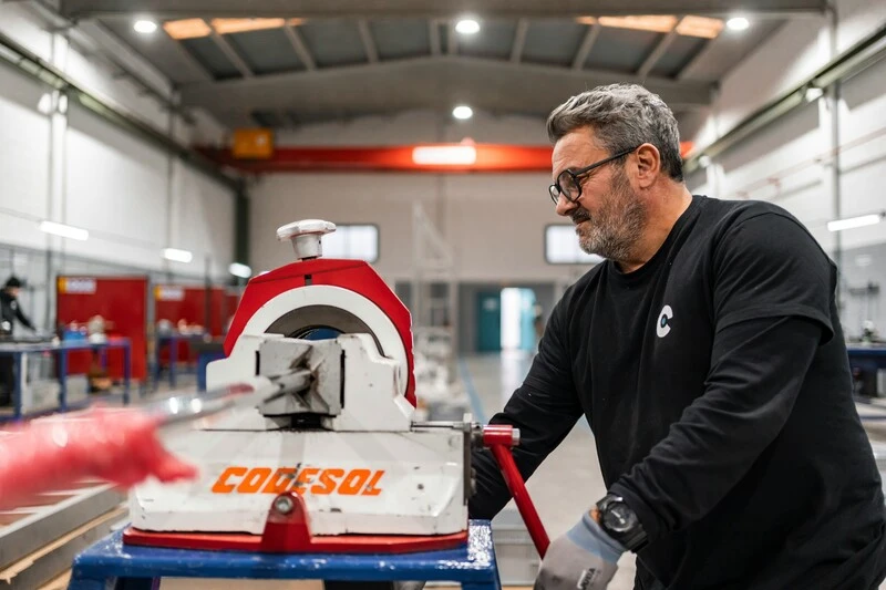 um dos profissionais da indústria do plástico utilizando um equipamento na fábrica