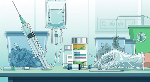 Ilustração demonstra o uso de materiaç para garantir a esterilidade de equipamentos médicos.