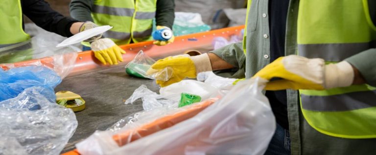 agente de reciclagem separa o plástico para continuar o processo