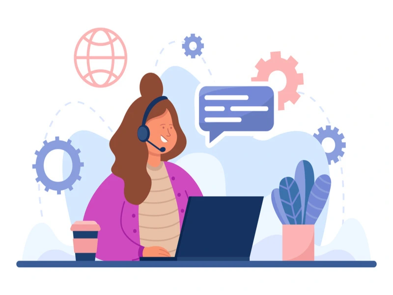 desenho de funcionária fazendo um atendimento ao cliente, com fone e pelo notebook