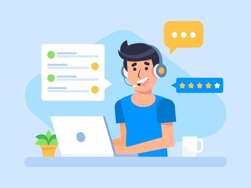 funcionário fazendo um bom atendimento ao cliente usando um notebook