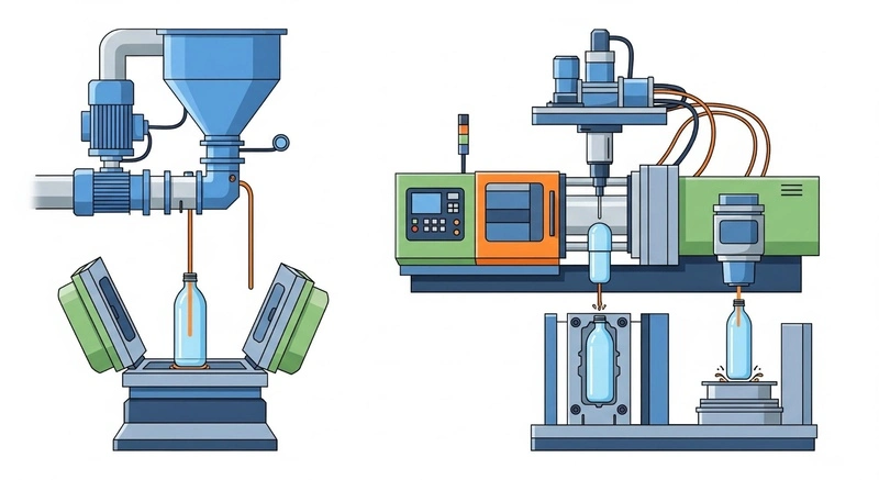 ilustração sobre os processos de extrusão-sopro e injeção-sopro na indústria do plástico
