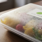 A imagem é um close-up focado em uma embalagem de alimentos moderna e transparente, que contém o que parecem ser alimentos frescos ou preparados.