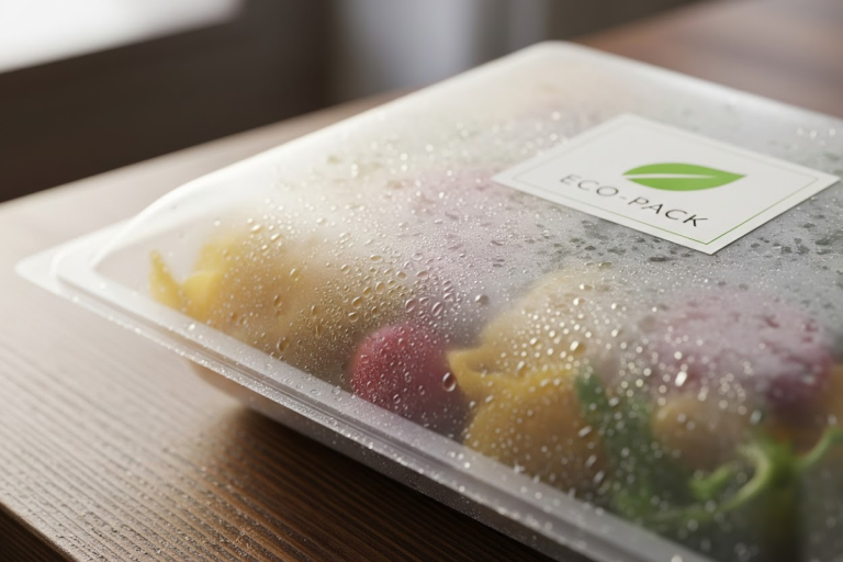 A imagem é um close-up focado em uma embalagem de alimentos moderna e transparente, que contém o que parecem ser alimentos frescos ou preparados.