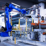 A imagem apresenta uma célula de trabalho robótica automatizada em um ambiente de produção industrial, provavelmente uma fábrica moderna.