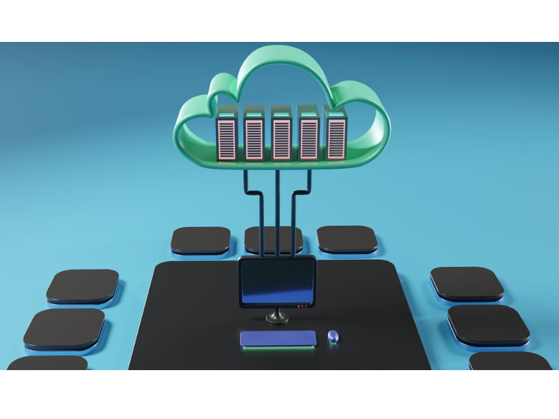 A imagem ilustra um conceito de computação em nuvem. No centro, há um monitor conectado por cabos a uma grande nuvem verde tridimensional, que contém vários servidores ou unidades de armazenamento representados por torres verticais.