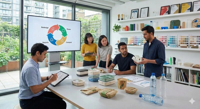 equipe avaliando oportunidades de design em embalagens plásticas