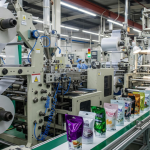 A imagem apresenta o interior de uma unidade fabril real e operante, focada no setor de embalagens flexíveis.