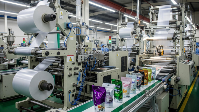 A imagem apresenta o interior de uma unidade fabril real e operante, focada no setor de embalagens flexíveis.