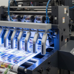 Esta última imagem retrata um ambiente de produção industrial gráfica de alta tecnologia.