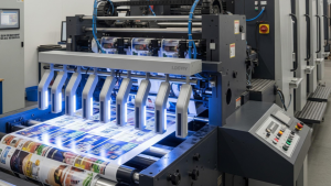 Esta última imagem retrata um ambiente de produção industrial gráfica de alta tecnologia.