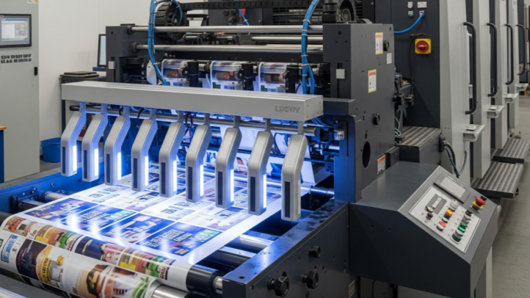 Esta última imagem retrata um ambiente de produção industrial gráfica de alta tecnologia.