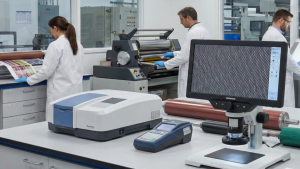 A imagem mostra um ambiente de laboratório/linha de produção industrial, provavelmente ligado à impressão, controle de qualidade ou testes de materiais.