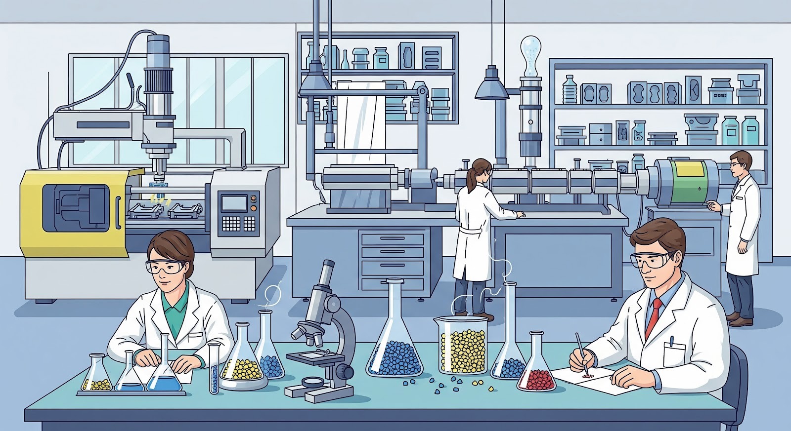 Esta imagem ilustra um ambiente de laboratório industrial de polímeros ou plásticos, com foco em pesquisa, desenvolvimento e fabricação em pequena escala. O estilo é uma ilustração vetorial limpa e profissional.