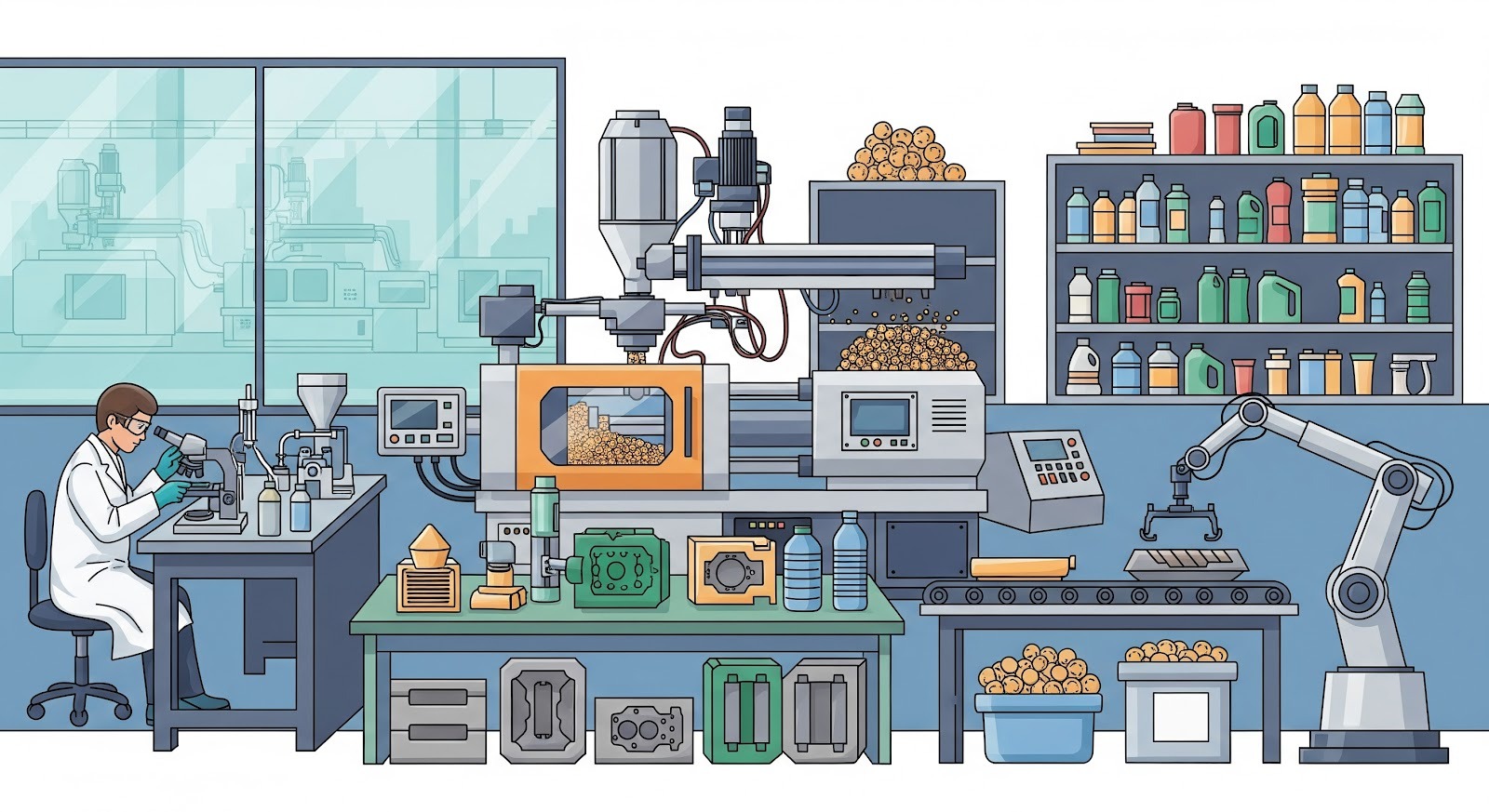Esta imagem apresenta uma ilustração detalhada de uma instalação industrial automatizada, focada no processamento de materiais (provavelmente polímeros ou alimentos) e controle de qualidade.