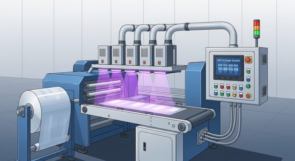 A imagem é uma ilustração técnica que complementa a fotografia industrial anterior, detalhando o funcionamento de um sistema de cura em linha.