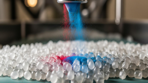 A imagem apresenta um close-up de um processo industrial, no qual grânulos plásticos translúcidos (pellets) recebem a aplicação de pigmentos em pó nas cores azul e vermelho, despejados de forma controlada por um bico dosador.