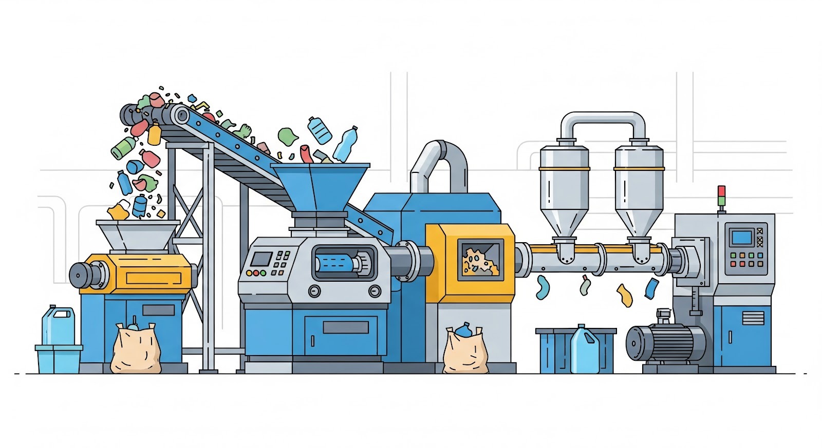 Esta ilustração detalha um processo industrial de reciclagem e processamento de polímeros (plásticos), apresentado em um estilo de diagrama técnico limpo. A imagem percorre o fluxo de transformação do material da esquerda para a direita.