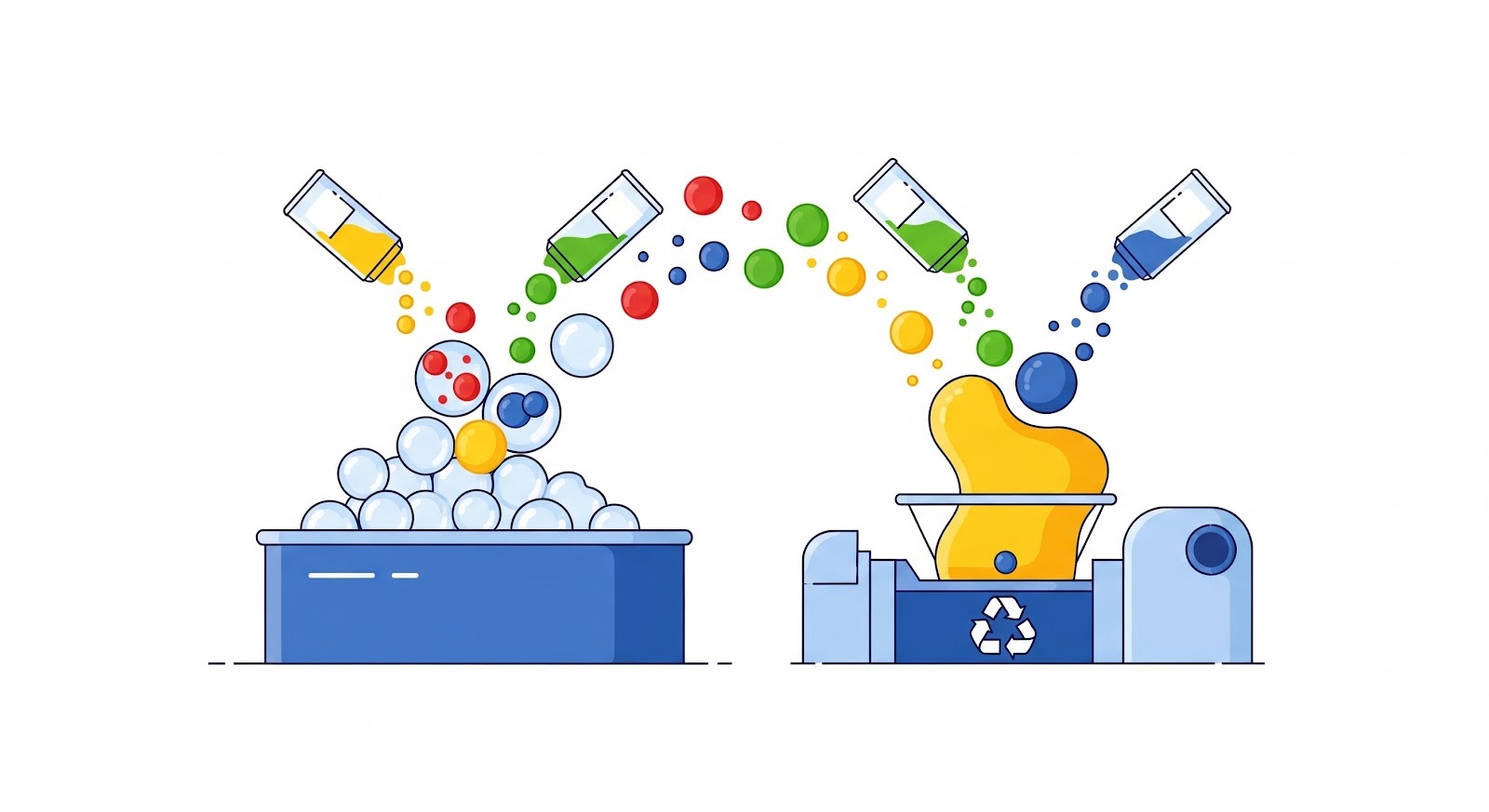 A imagem é uma ilustração didática que representa um processo de separação e reciclagem de materiais.