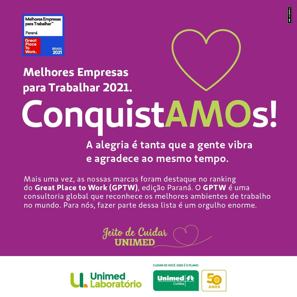 Unimed Curitiba e Unimed Laboratório estão no ranking GPTW das melhores empresas para trabalhar no Paraná