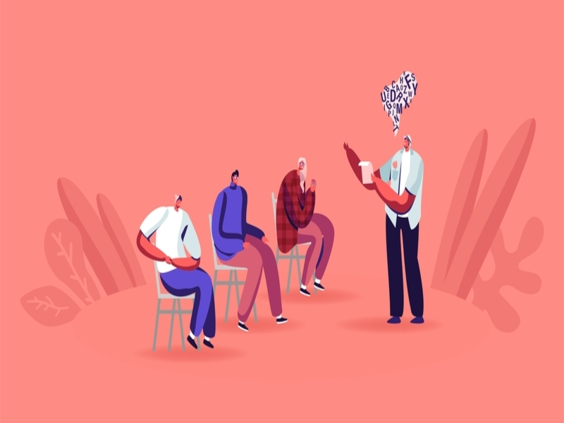 arte de quatro pessoas debatendo a saúde mental nas empresas