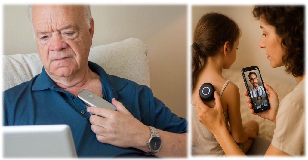 Teleconsulta: estetoscópio na mão do paciente ajuda IA na mão do médico