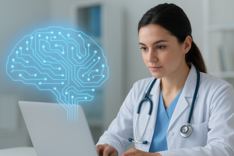 A imagem mostra uma médica vestindo um jaleco branco e um estetoscópio, sentada em frente a um notebook. Ela está com o olhar focado na tela do computador, sugerindo que está analisando algo importante.