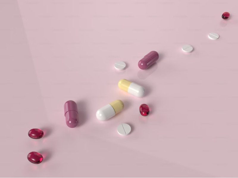 A imagem mostra diversos medicamentos em formato de cápsulas, comprimidos e drágeas, dispostos sobre uma superfície lisa de cor rosa clara. A disposição é aparentemente aleatória, mas visualmente agradável e minimalista.