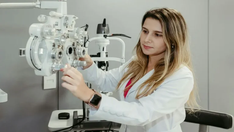 A imagem mostra uma profissional da área da saúde — provavelmente uma oftalmologista ou optometrista — operando um foróptero, um equipamento utilizado para exames oftalmológicos que mede erros de refração (miopia, hipermetropia, astigmatismo, etc.).