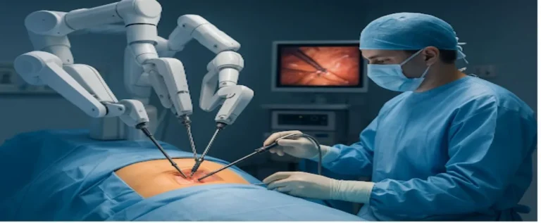 A imagem mostra um procedimento de cirurgia robótica assistida, em que um cirurgião opera com o auxílio de um robô cirúrgico controlado remotamente. Esse tipo de tecnologia está cada vez mais presente em hospitais ao redor do mundo, e tem impactos tanto clínicos quanto financeiros.