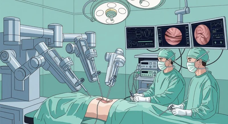 arte de médicos de um dos hospitais brasileiros que adotaram cirurgia robótica operando paciente