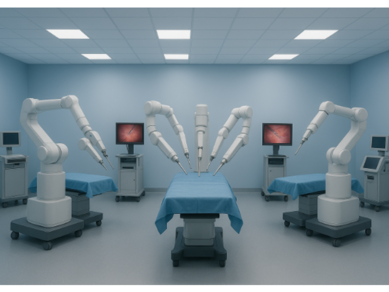 A imagem mostra uma sala cirúrgica equipada com múltiplos braços robóticos, evidenciando um ambiente preparado para cirurgias robóticas assistidas de alta complexidade. O cenário está claramente voltado para procedimentos minimamente invasivos, com tecnologias avançadas de apoio visual e instrumental.