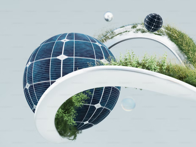 A imagem apresenta uma composição conceitual e futurista com esferas cobertas por painéis solares e elementos naturais. A maior esfera, em primeiro plano, tem aparência de um globo formado por células solares azuis, simbolizando energia limpa e sustentabilidade.