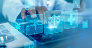 Dedo toca ícone brilhante de balança da justiça em tela tátil azul com ícones médicos.