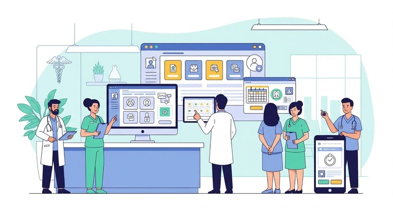 imagem vetorial de equipe médica usando um sistema de gestão para clínicas