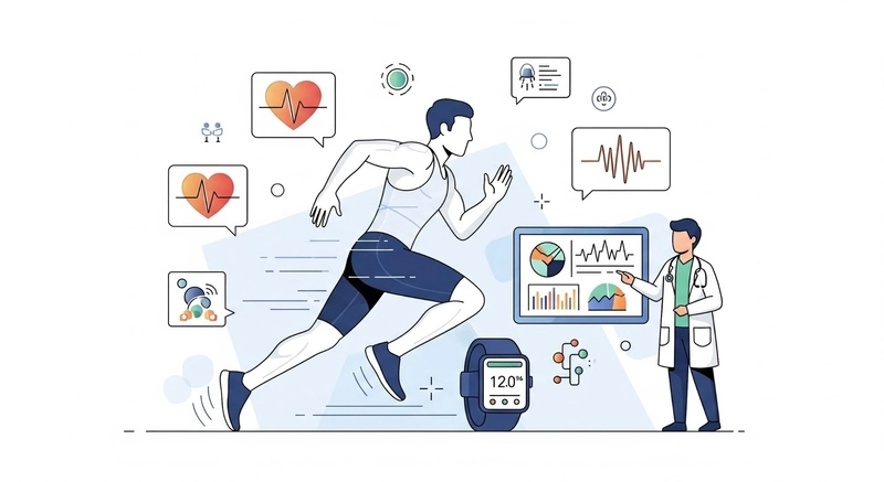 arte de atleta passando por diagnóstico e monitoramento como forma de prevenção de lesões, e médico ao lado analisando os dados